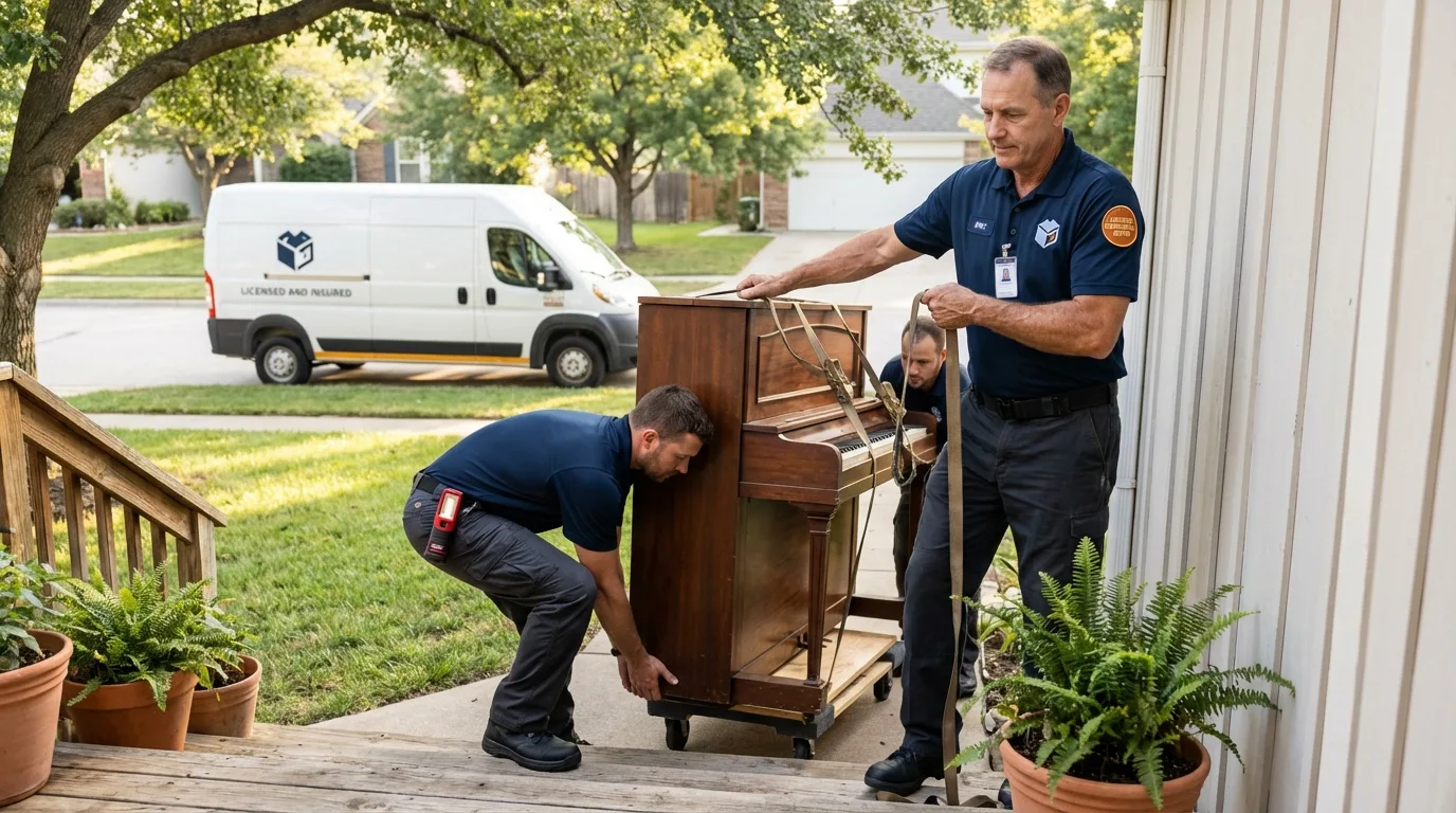 Licensed piano movers securing grand piano in Belfair, WA
