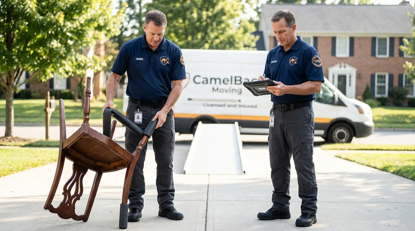 Movers inspecting furniture for damage prevention before loading in Belfair, WA