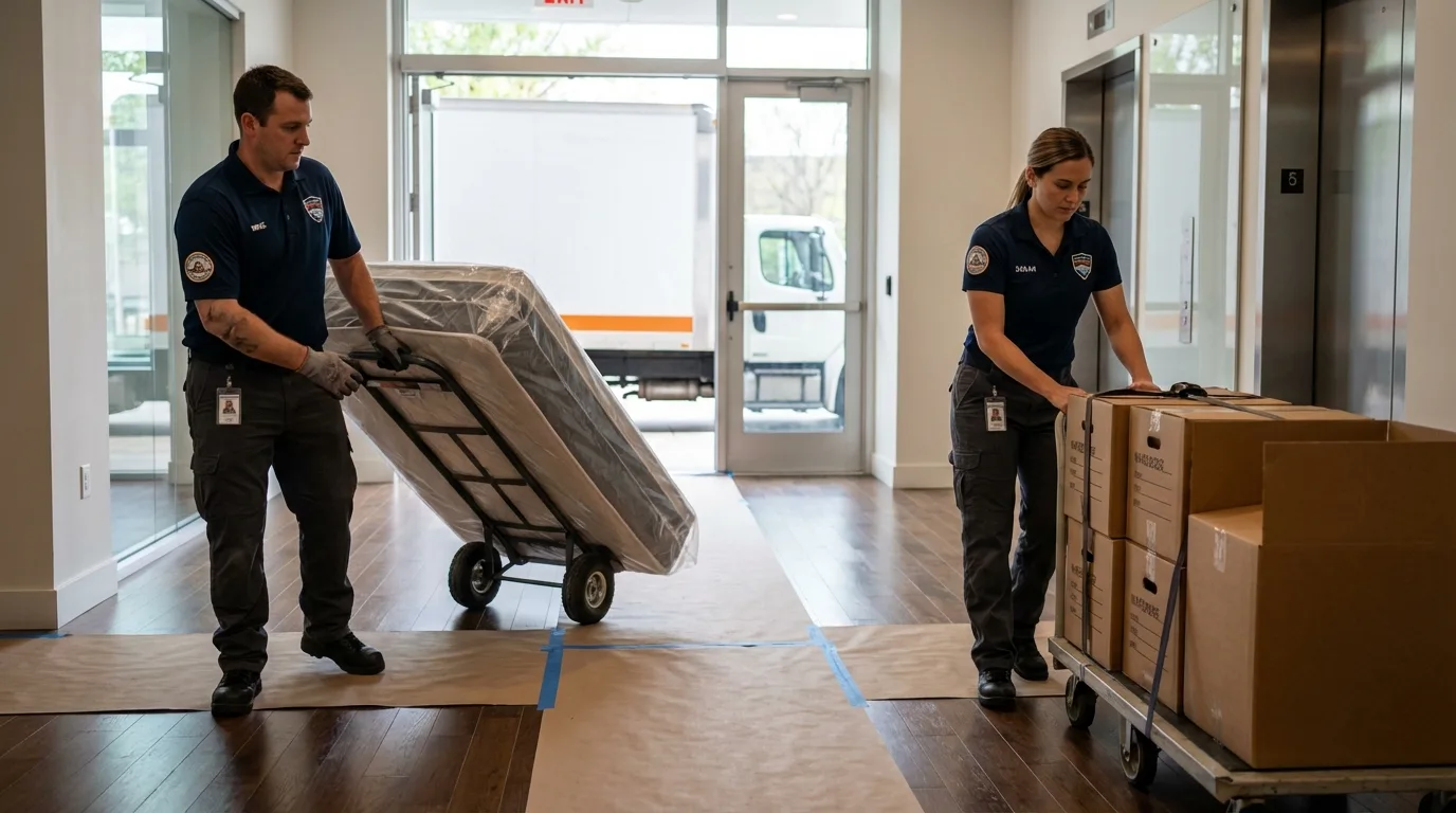 Professional apartment movers loading elevator in Belfair, WA