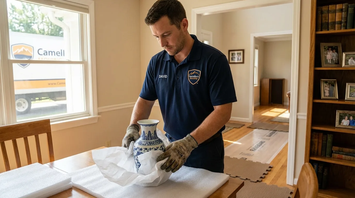 Professional crew carefully wrapping antique vase for senior downsizing move in Belfair, WA